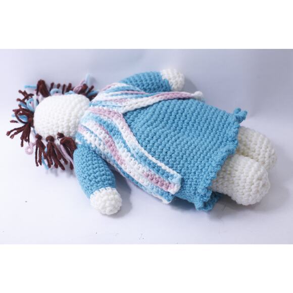 Knitted Faceless Rag Doll, 13", Blue White Dress, Female Figure, Soft Toy, - Picture 3 of 3